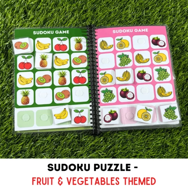 Interactive Sudoku puzzles for preschoolers with fruits and vegetables