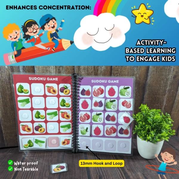 Educational Sudoku puzzles with fruits and veggies for children