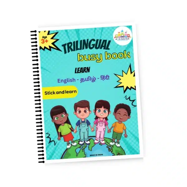 educational activity book in Tamil, Hindi, and English